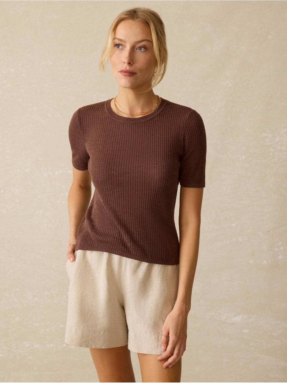 Faherty/Miramar Linen Mini Rib Tee - Cocoa - Picture 3 of 8